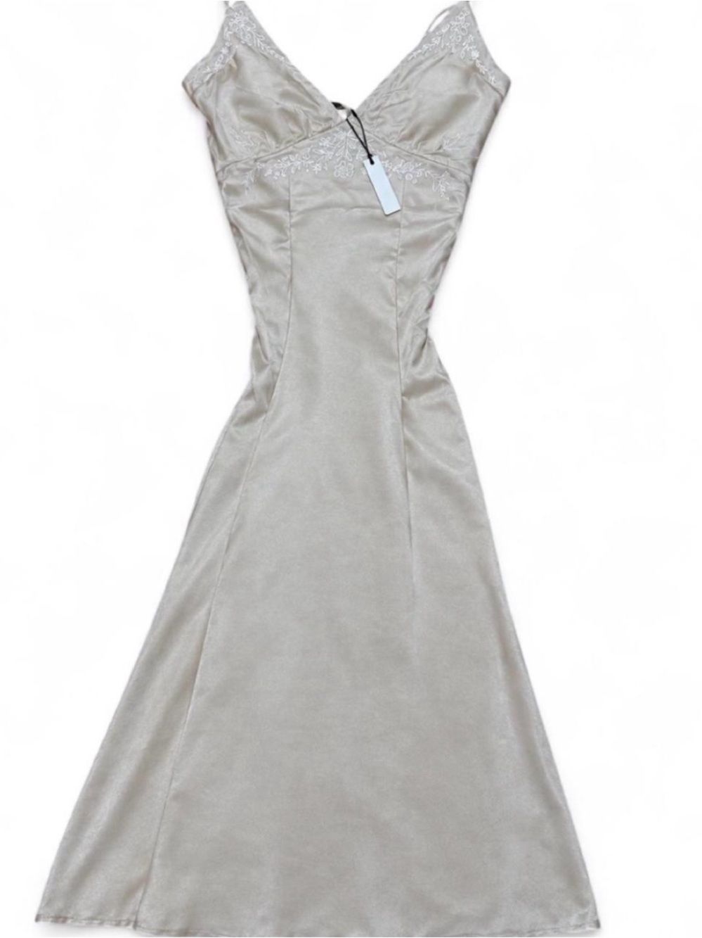 Rumored Champagne Satin Slip Dress with Lace Trim